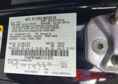 2021 Ford Mustang z USA, uszkodzony, nr VIN 1FA6P8TH6M5141370